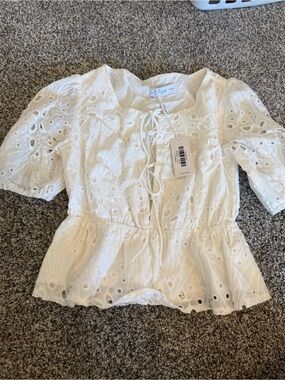 NWT Lace-Up Eyelet Peplum Top - White